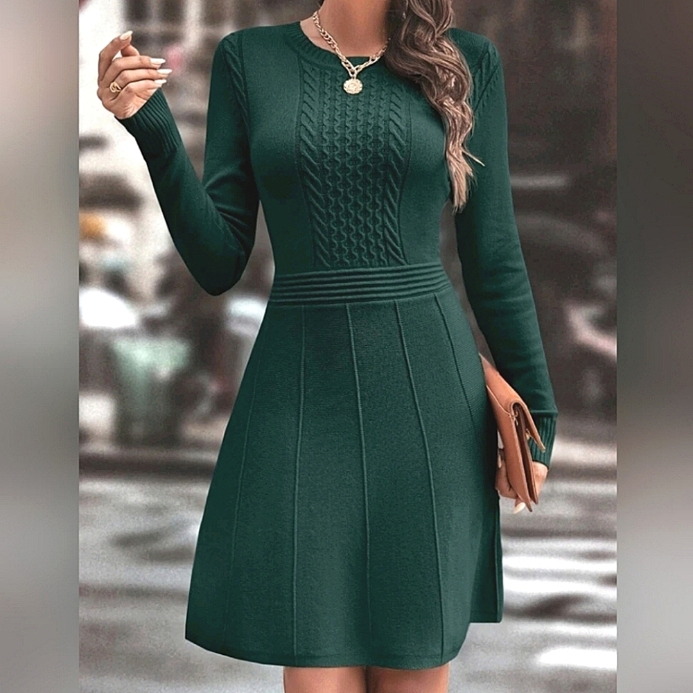 NEW Chic Cable Knit Long Sleeve Sweater Dress Dark Green - Picture 2 of 7
